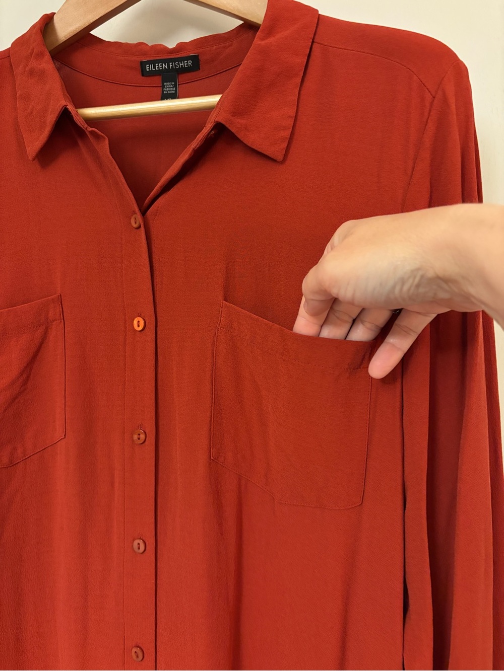 Eileen Fisher Silk Shirt Dress Brick Red Size Large Long Sleeve Classic Collar - Picture 6 of 11